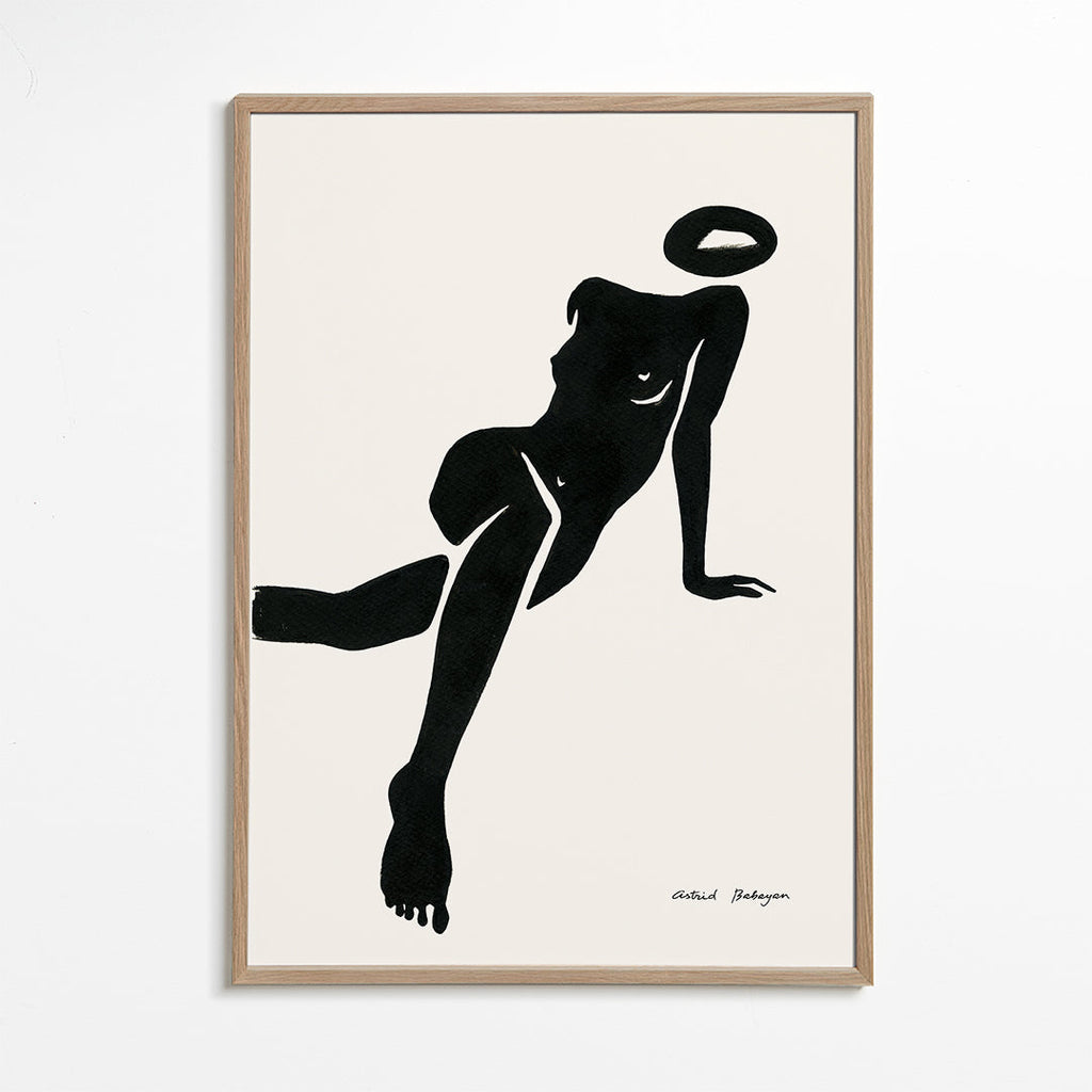 Sort-hvid kunst med liggende kvindesilhuet