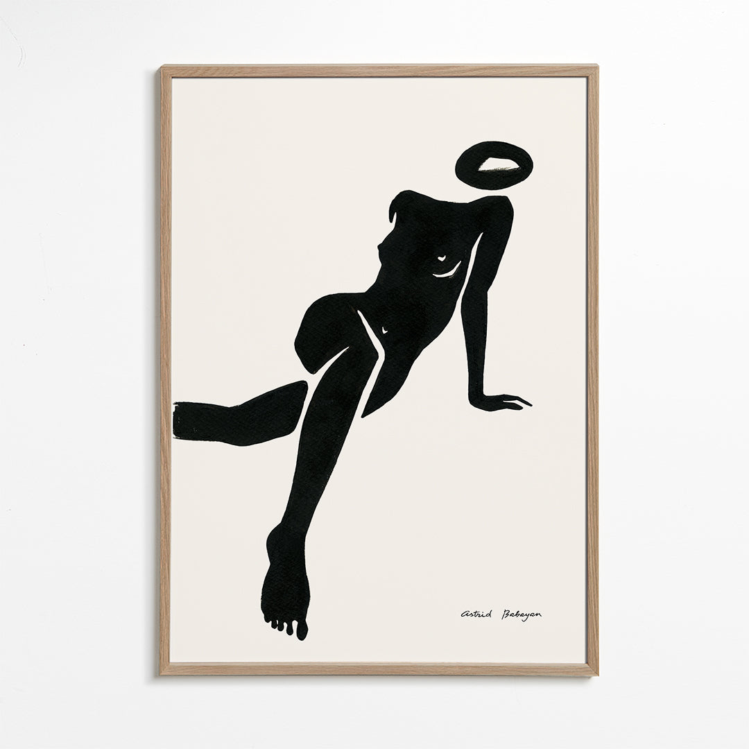 Sort-hvid kunst med liggende kvindesilhuet
