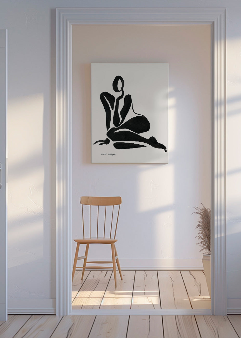 Sort-hvidt billede med minimalistisk kvindefigur