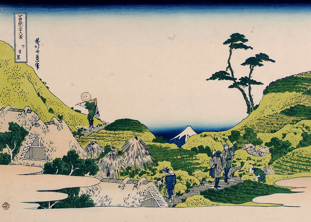 Landskabstavle med Mount Fuji og grønne bakker