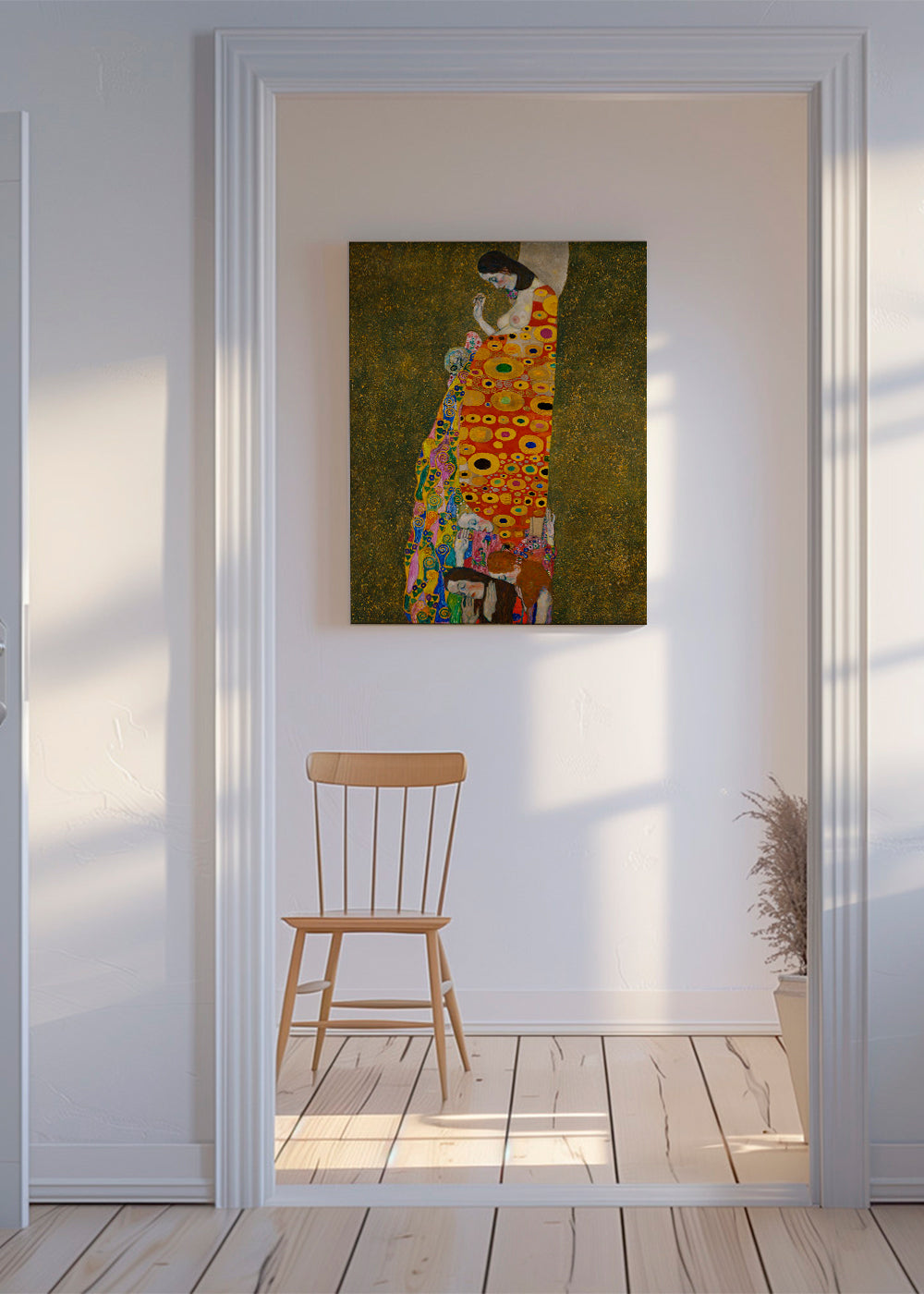 Abstrakt billede med gylden figur og cirkulære motiver