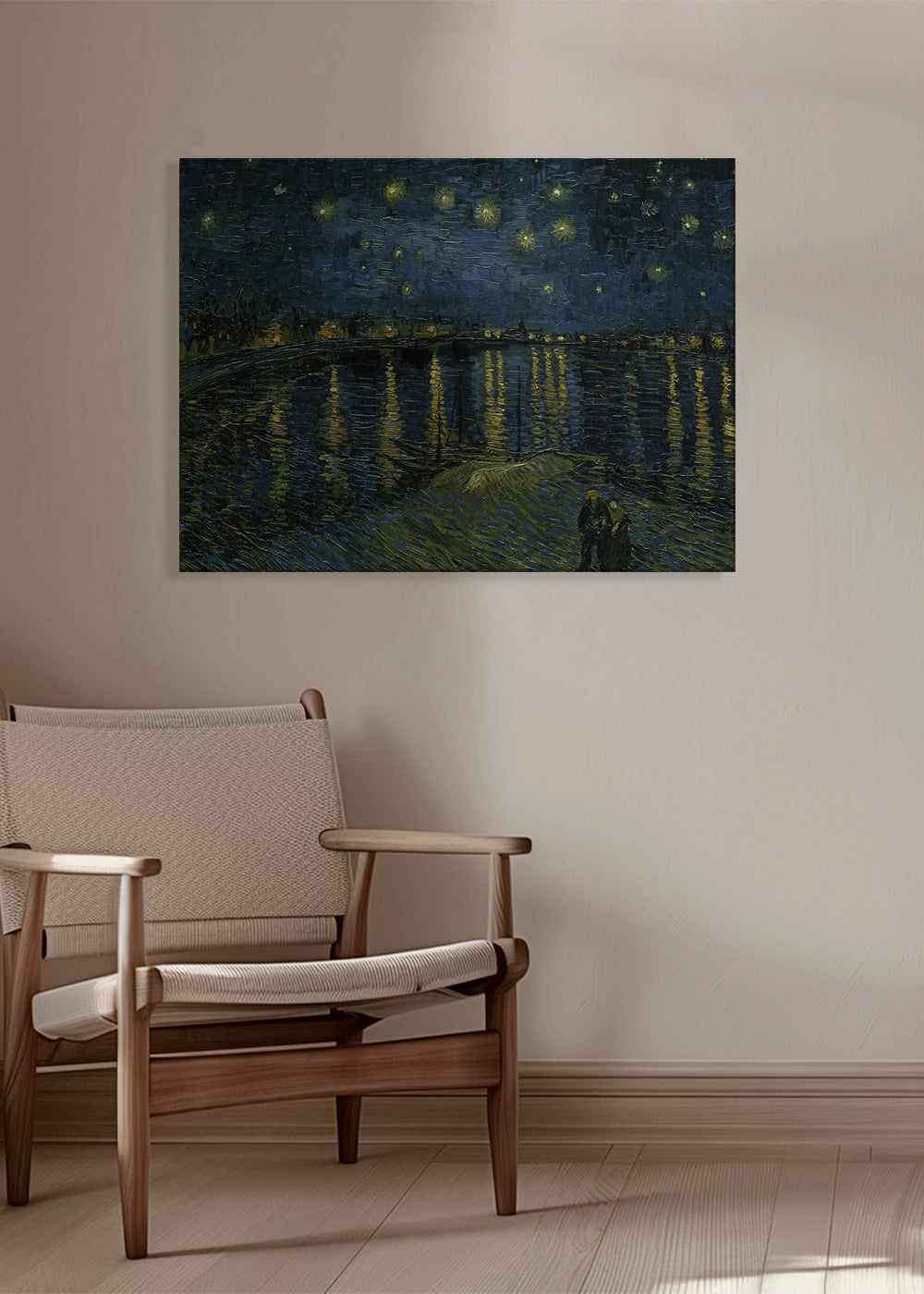 Nattegning af landskab med stjernehimmel og flodreflektioner