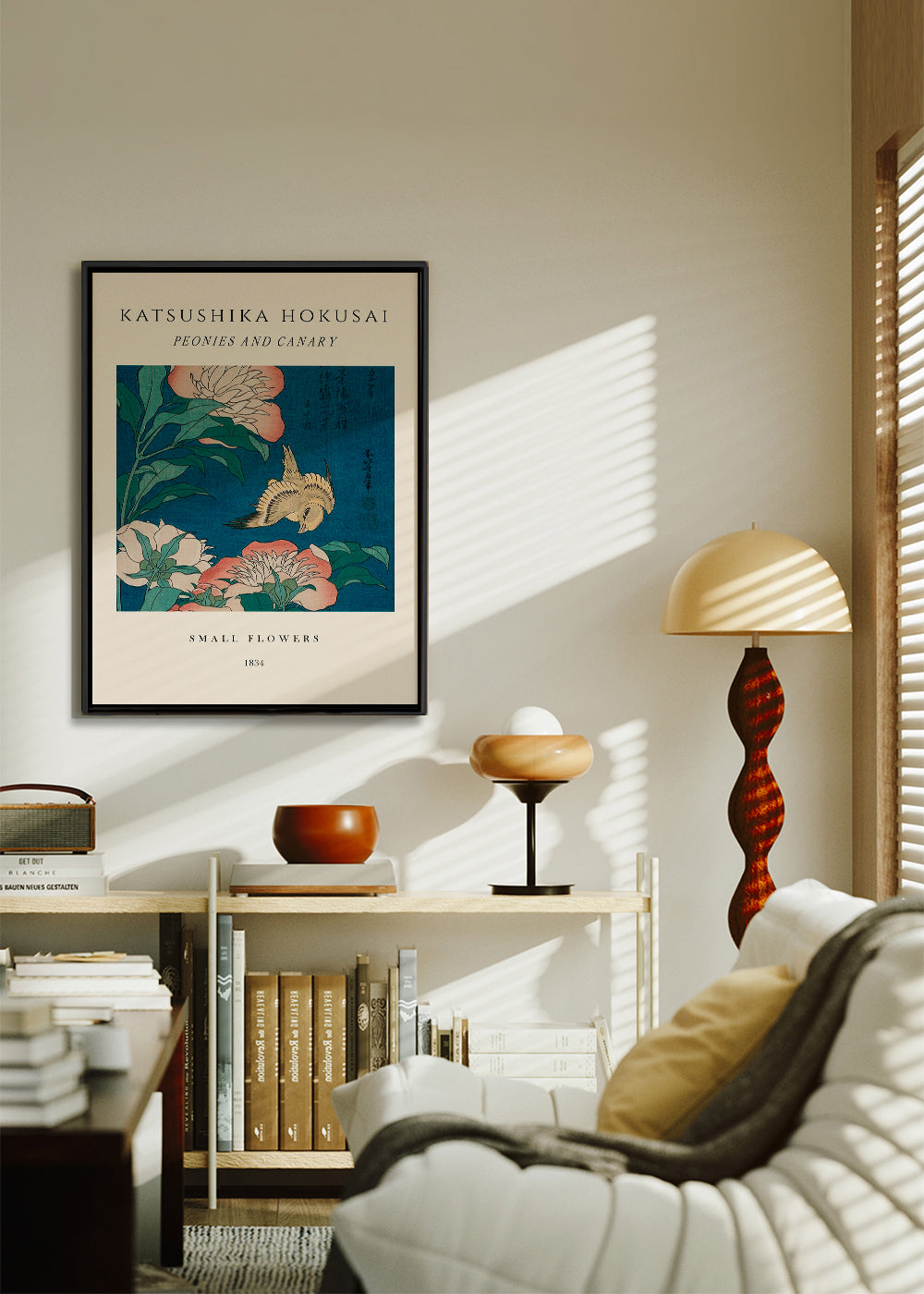 Botanisk plakat med pæoner og kanariefugl