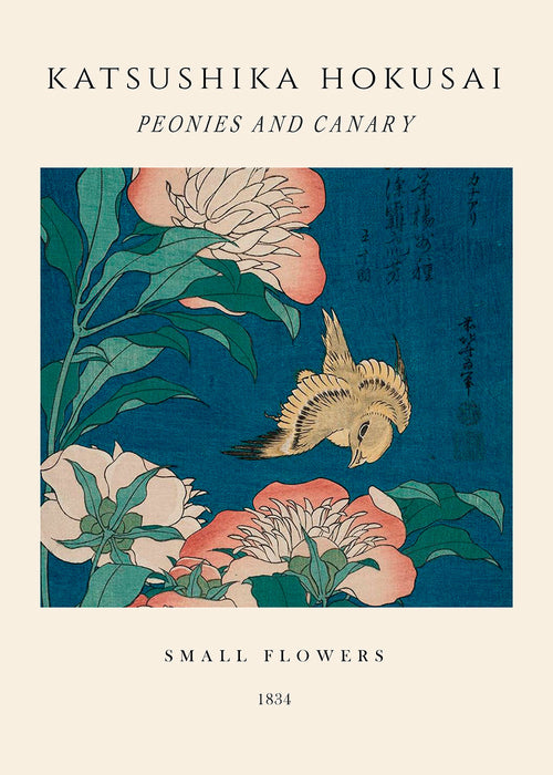 Botanisk plakat med pæoner og kanariefugl