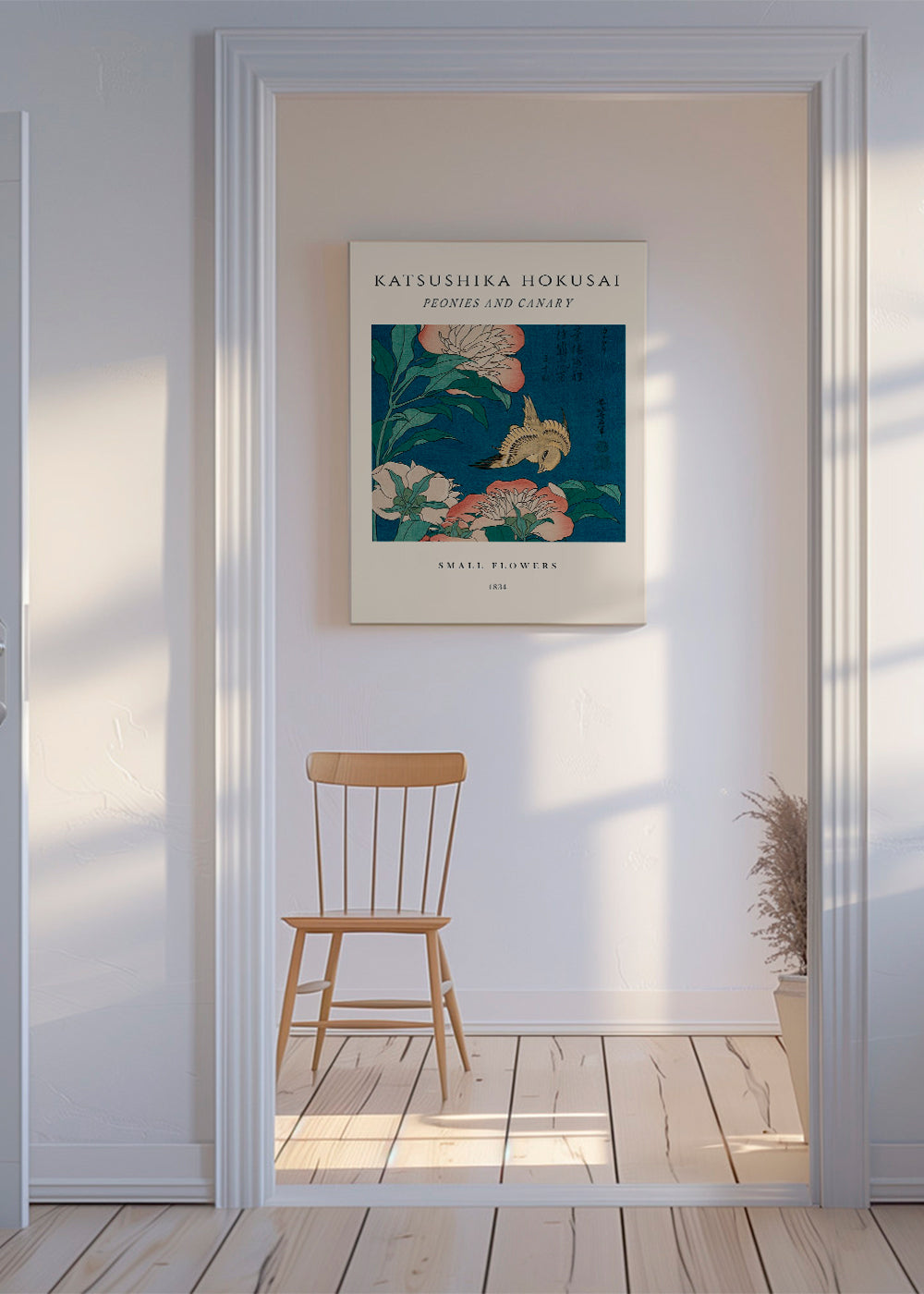 Botanisk plakat med pæoner og kanariefugl