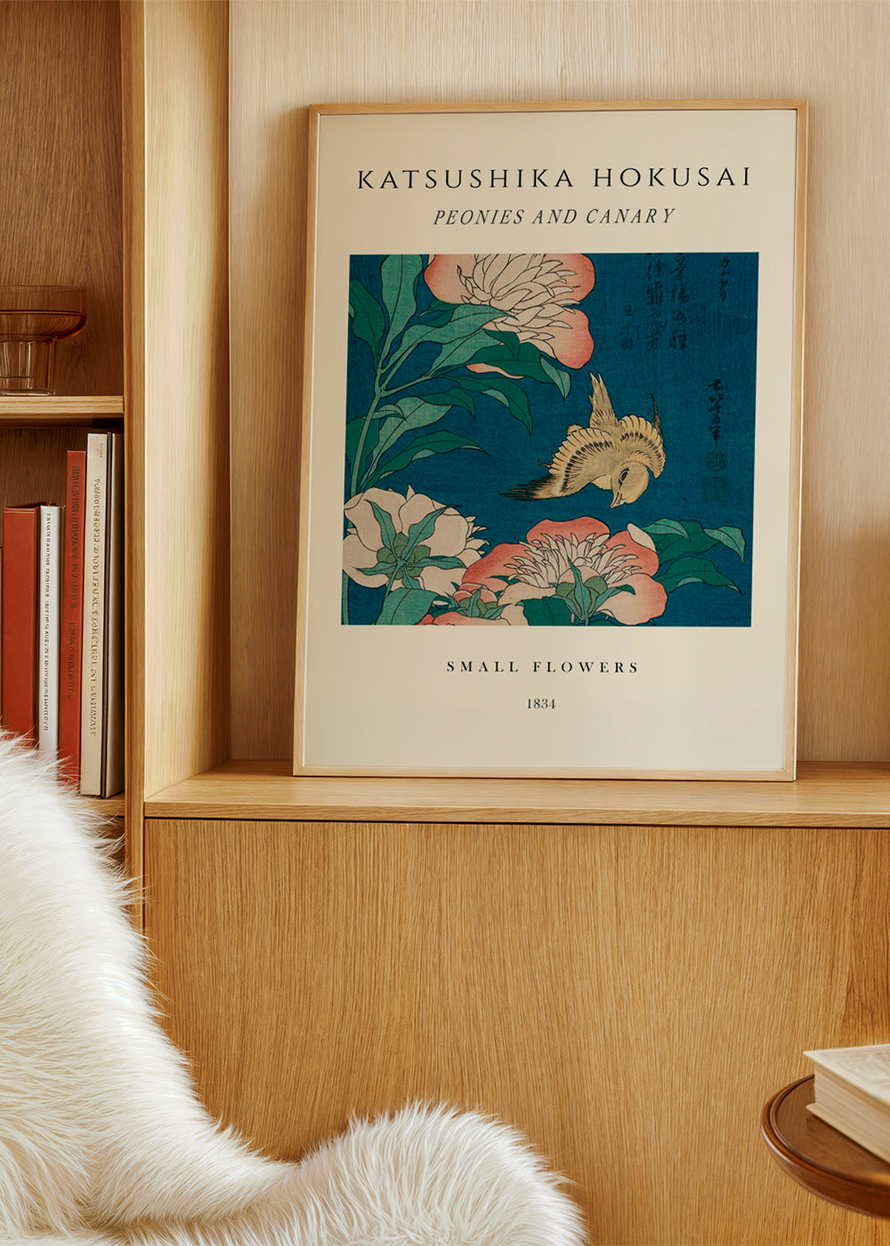 Botanisk plakat med pæoner og kanariefugl