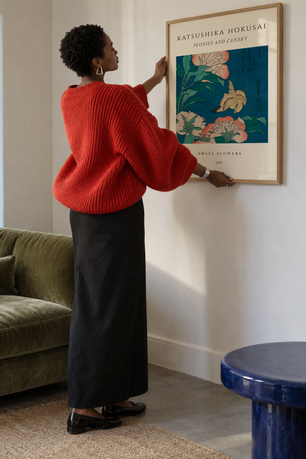 Peonies and Canary Exhibition - Katsushika Hokusai - Framed poster in an interior
