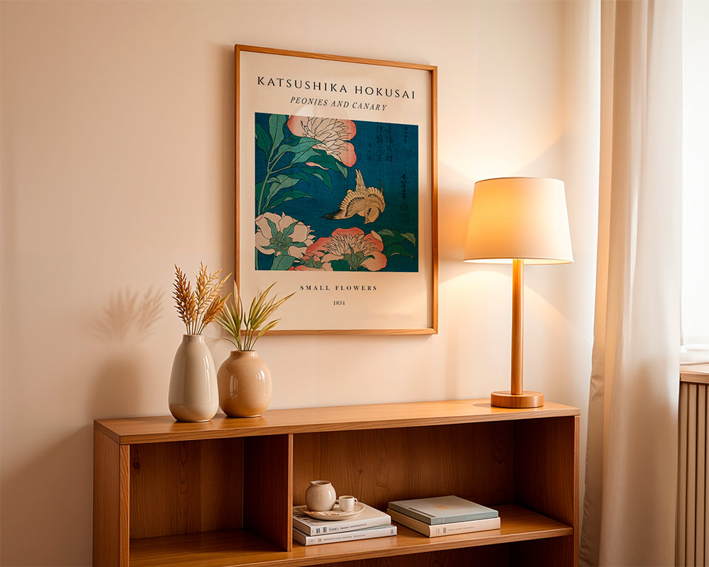 Botanisk plakat med pæoner og kanariefugl