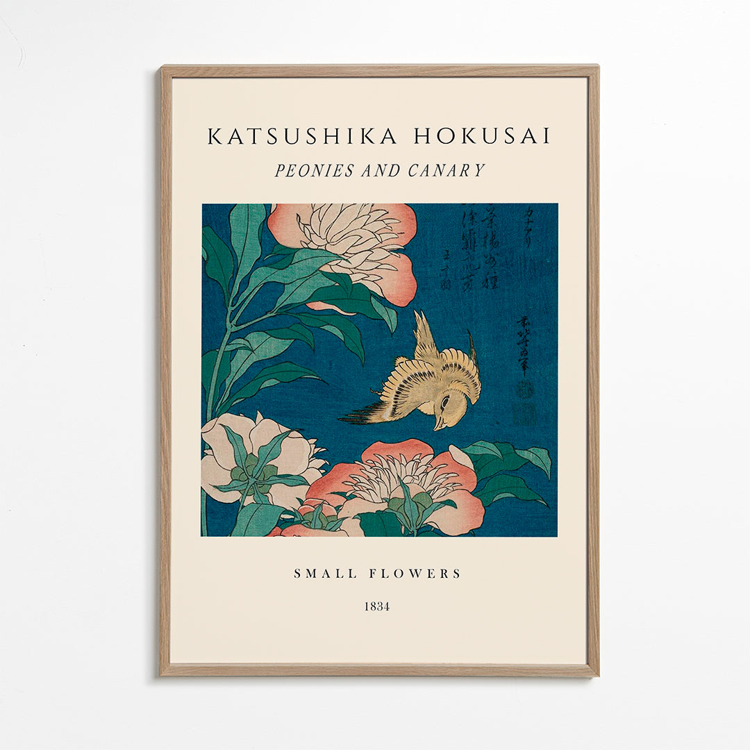 Botanisk plakat med pæoner og kanariefugl