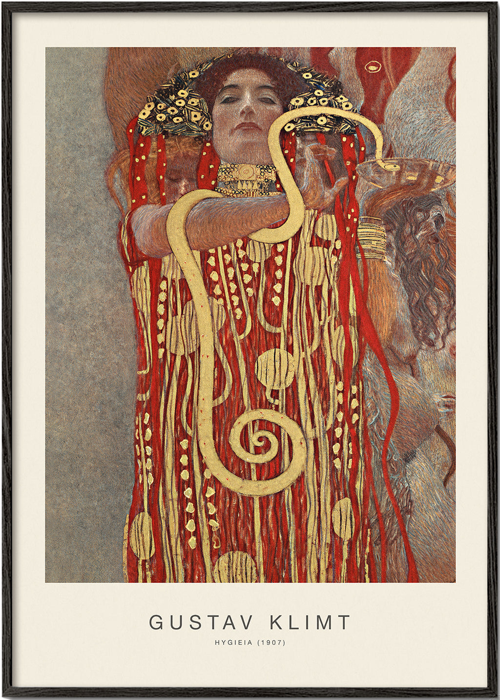 Vintage kunst Hygieia af Klimt i guld og rød