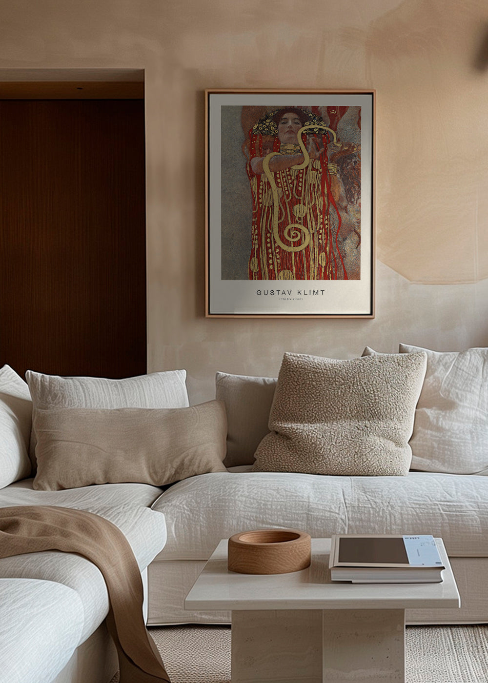 Vintage kunst Hygieia af Klimt i guld og rød