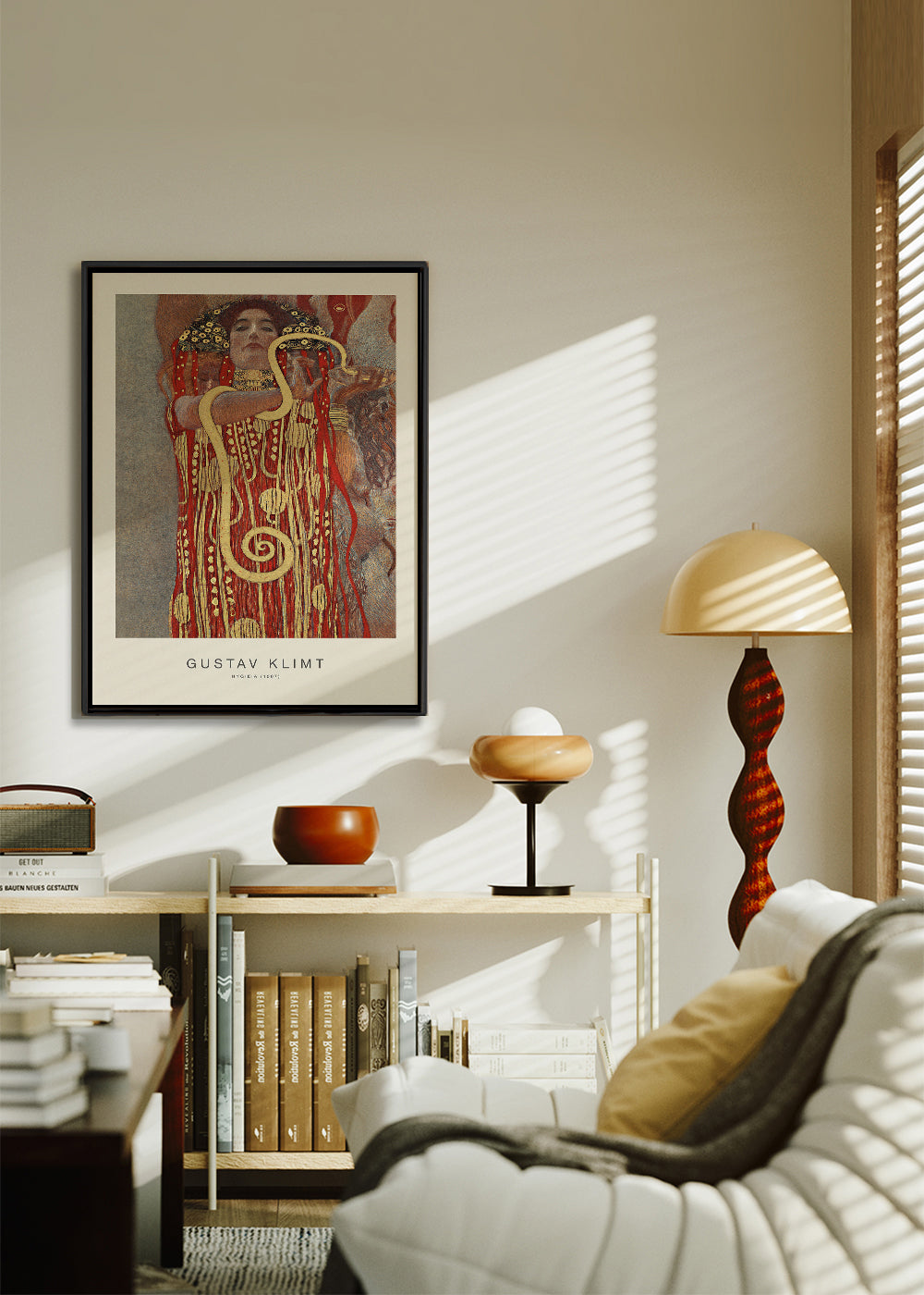 Vintage kunst Hygieia af Klimt i guld og rød