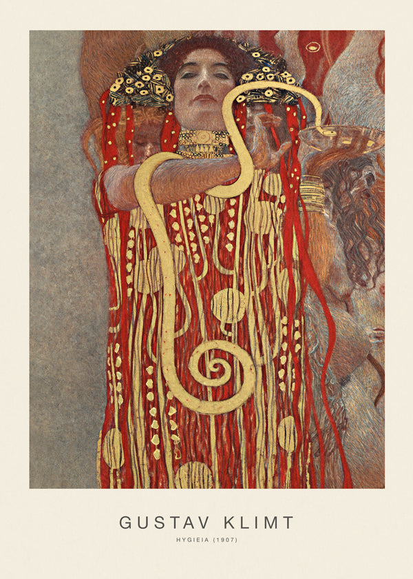 Vintage kunst Hygieia af Klimt i guld og rød
