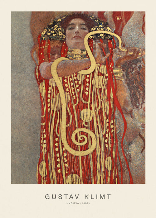 Vintage kunst Hygieia af Klimt i guld og rød
