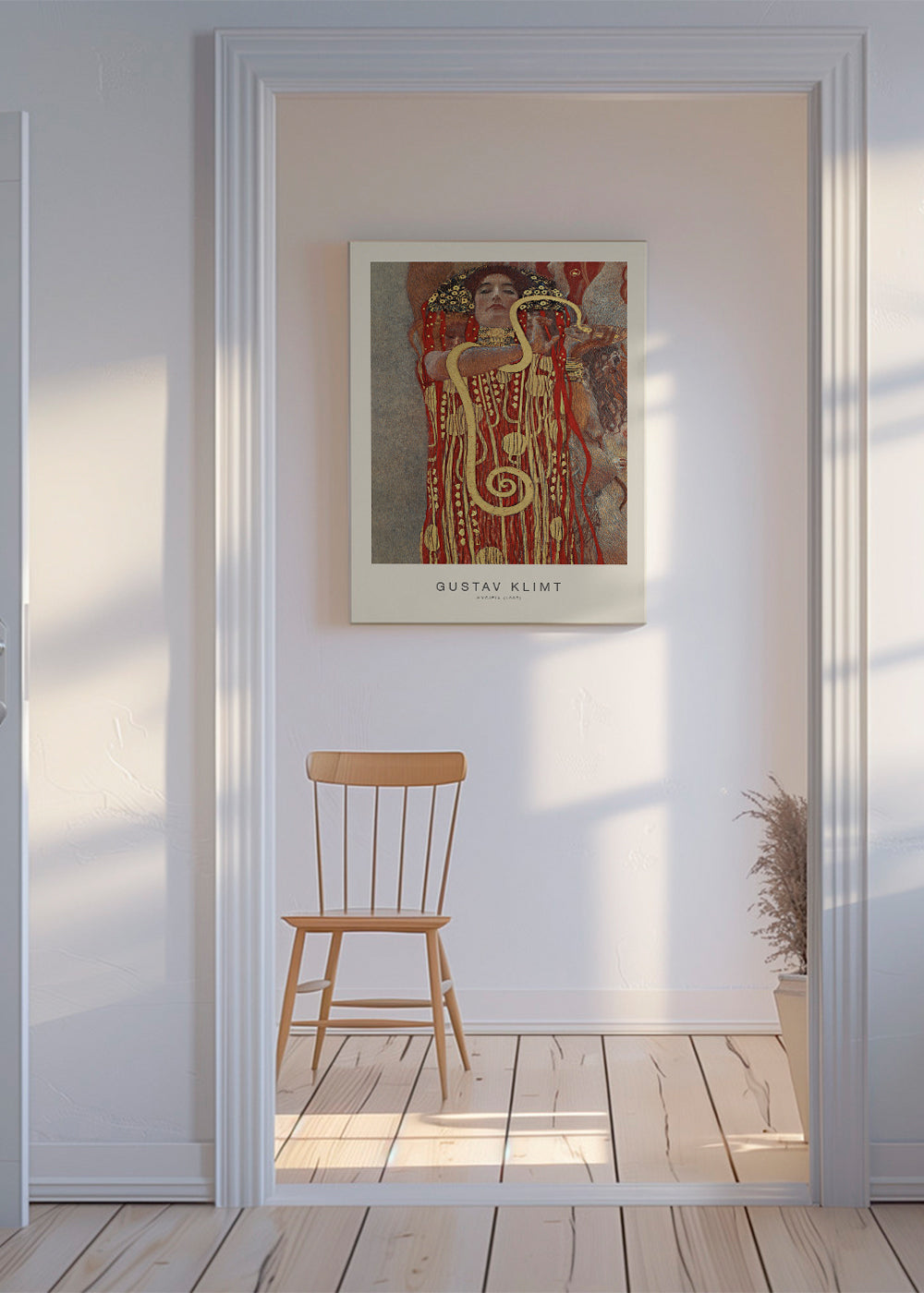 Vintage kunst Hygieia af Klimt i guld og rød