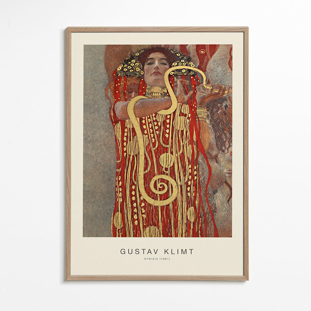 Vintage kunst Hygieia af Klimt i guld og rød