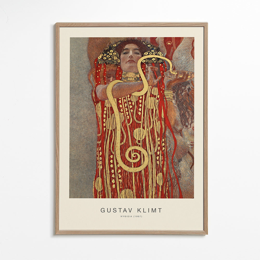 Vintage kunst Hygieia af Klimt i guld og rød