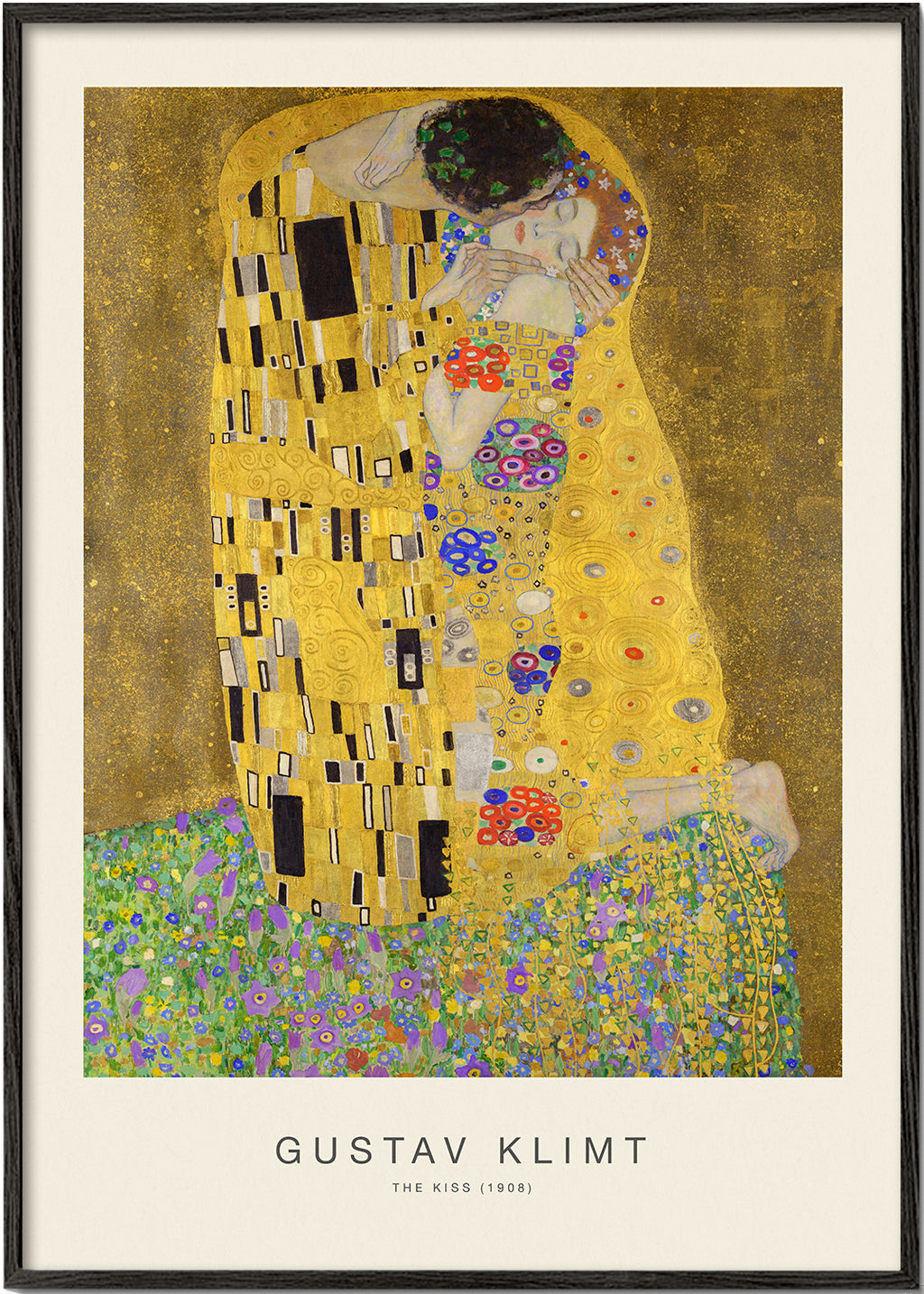 Vintage plakat Kysset i guld med blomstermotiver