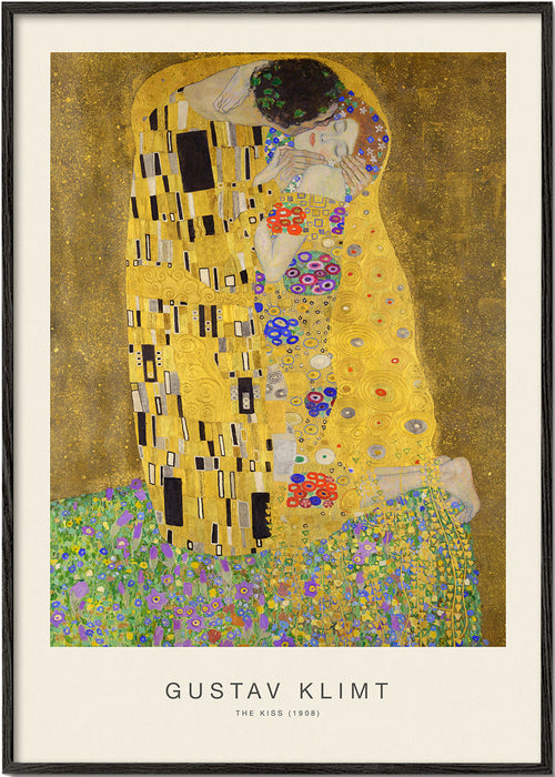 Vintage plakat Kysset i guld med blomstermotiver