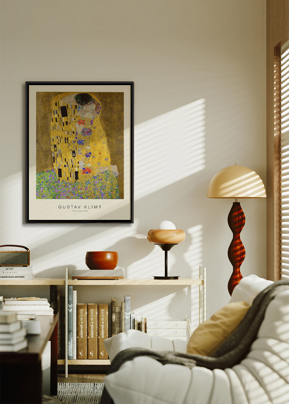 Vintage plakat Kysset i guld med blomstermotiver