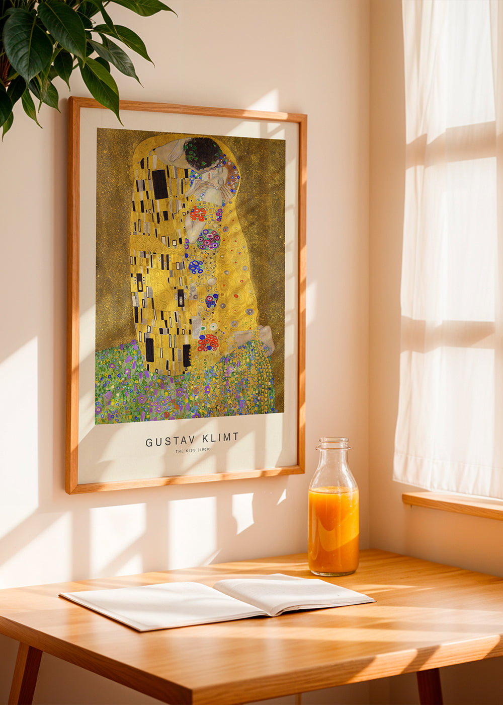 Vintage plakat Kysset i guld med blomstermotiver