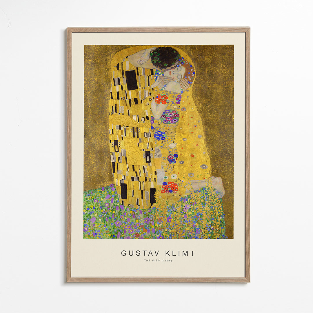 Vintage plakat Kysset i guld med blomstermotiver