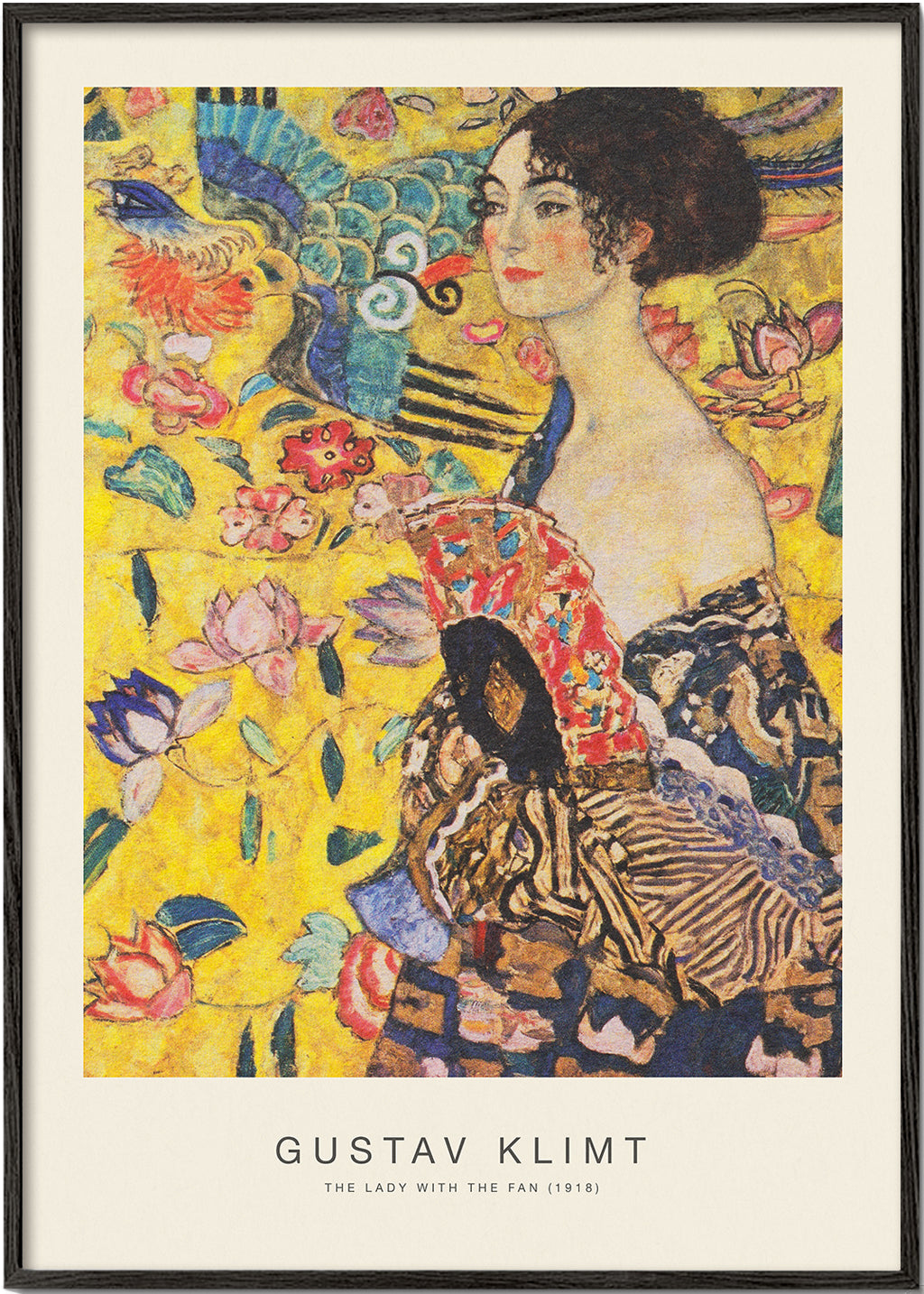 Vintage plakat: dame med vifte og blomstermotiver