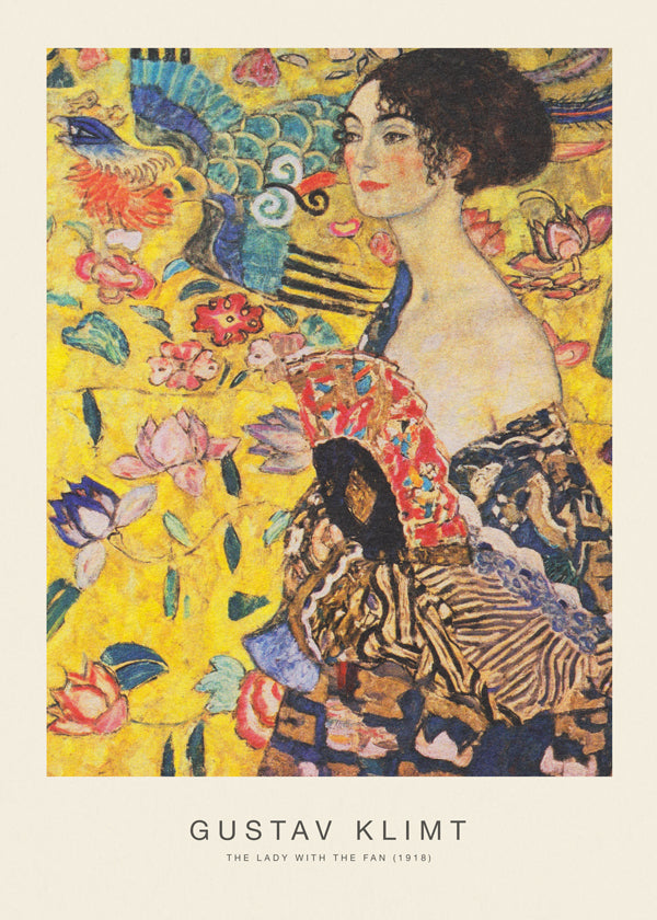 Vintage plakat: dame med vifte og blomstermotiver