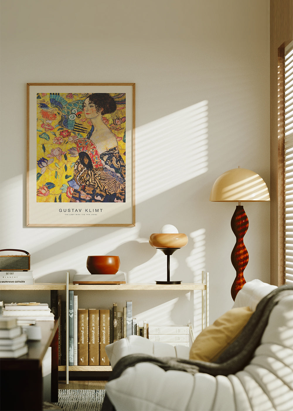 Vintage plakat: dame med vifte og blomstermotiver