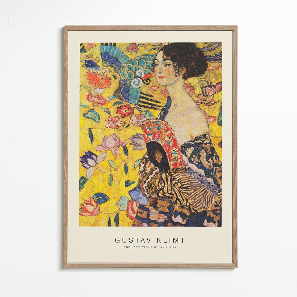 Vintage plakat: dame med vifte og blomstermotiver