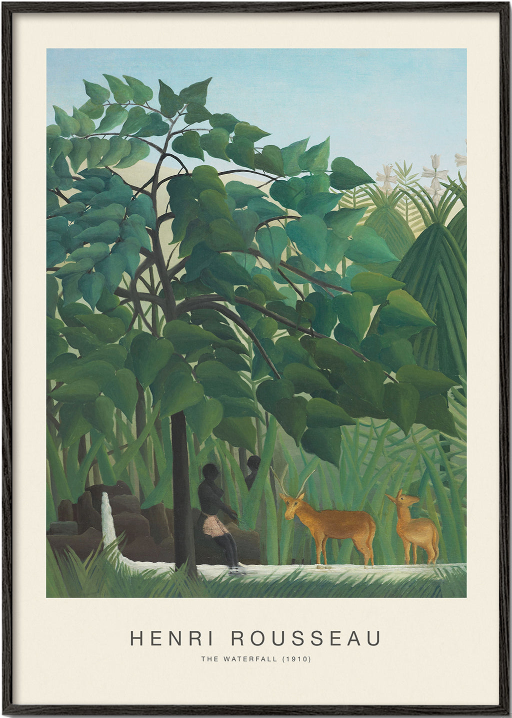 Botanisk plakat med jungle, hjorte og vandfald
