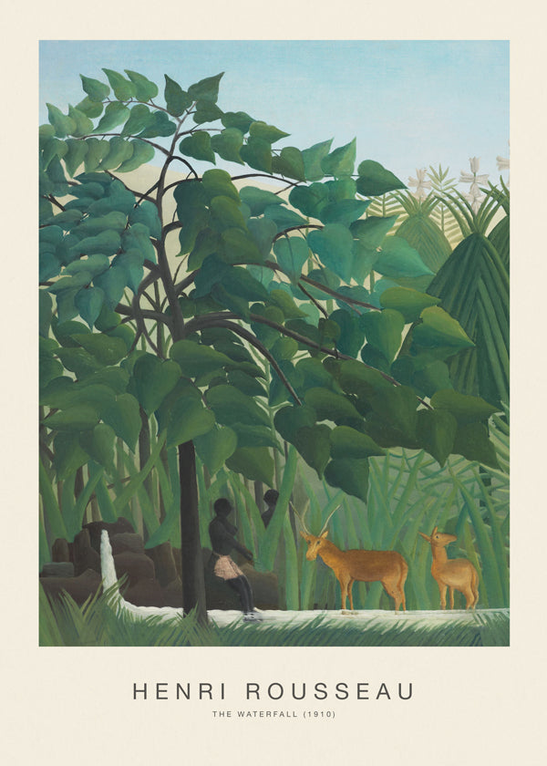 Botanisk plakat med jungle, hjorte og vandfald