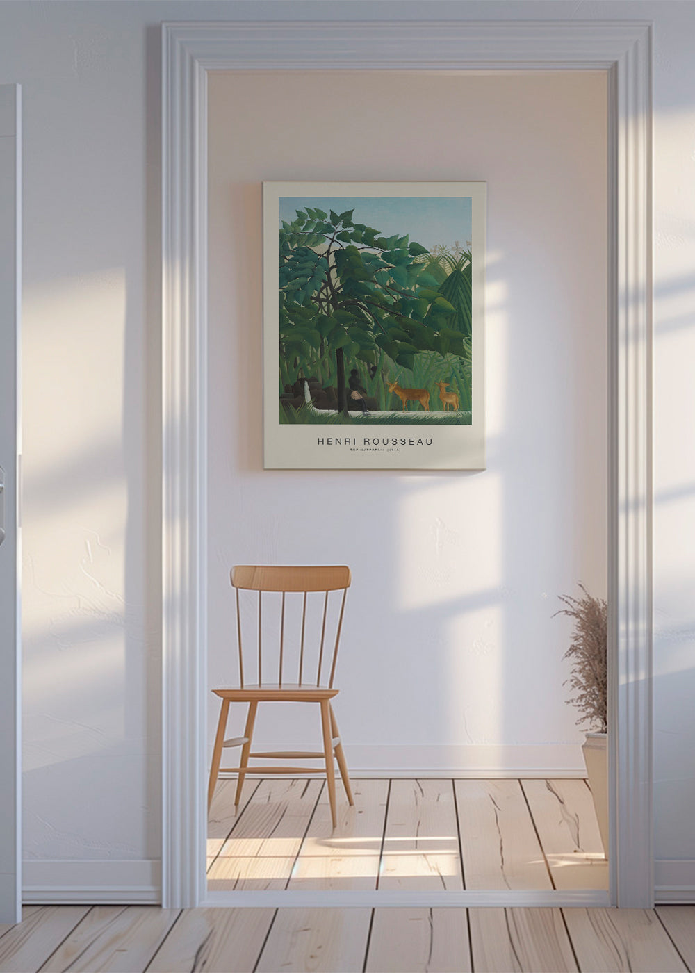 Botanisk plakat med jungle, hjorte og vandfald