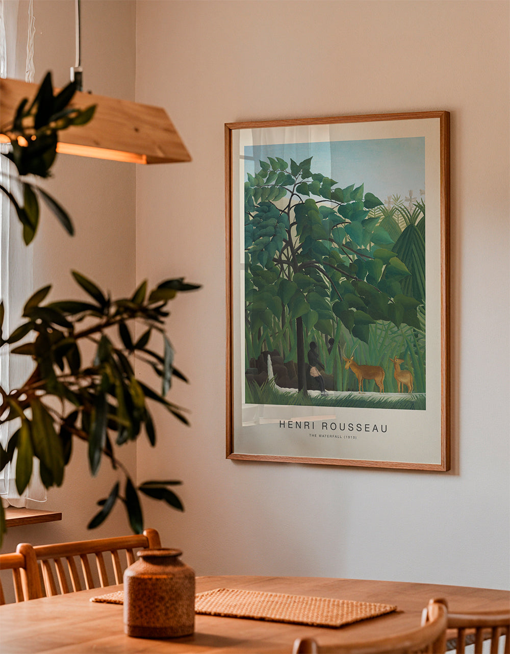 Botanisk plakat med jungle, hjorte og vandfald