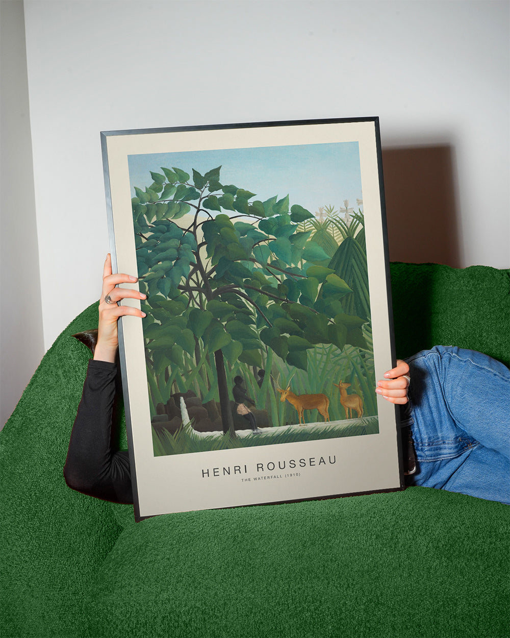 Botanisk plakat med jungle, hjorte og vandfald