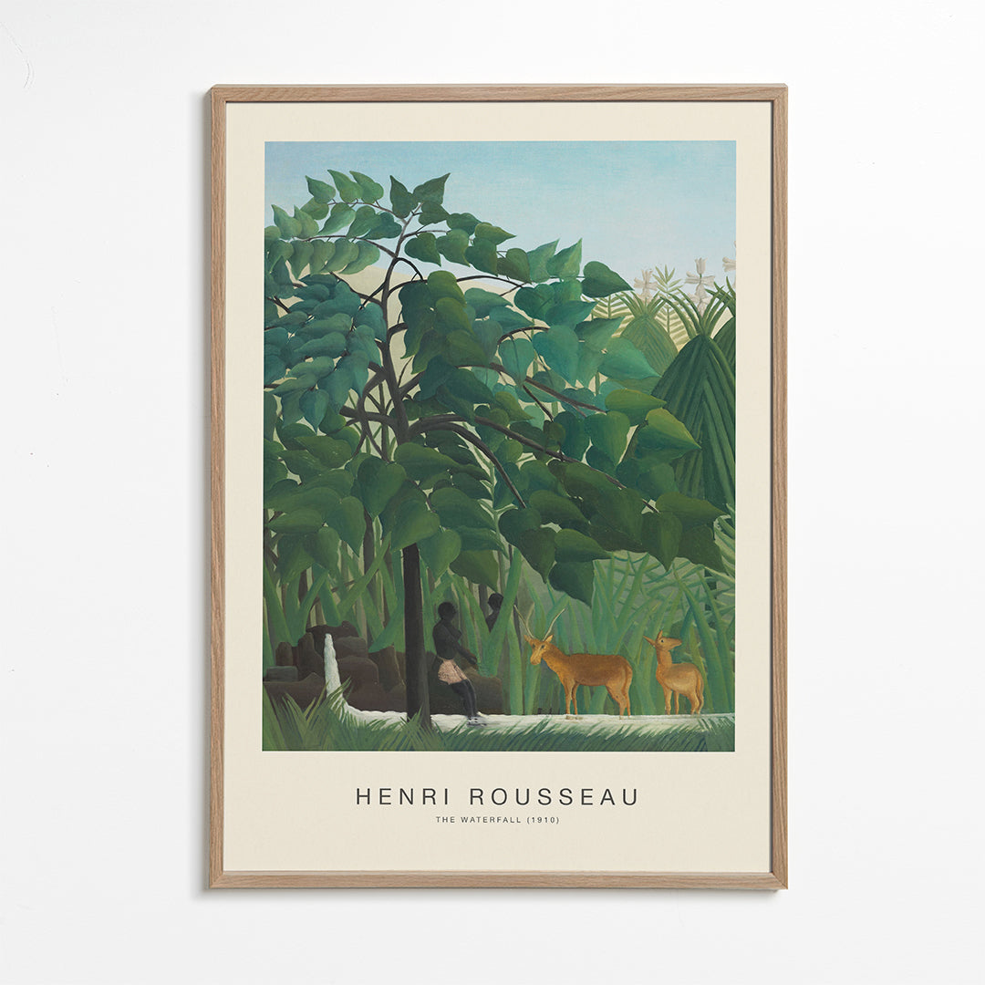 Botanisk plakat med jungle, hjorte og vandfald