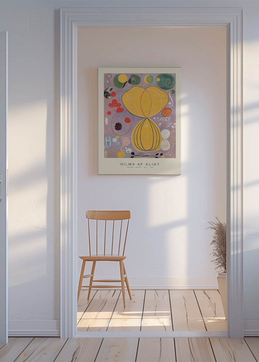 Abstrakt billede med botaniske former og gule cirkler