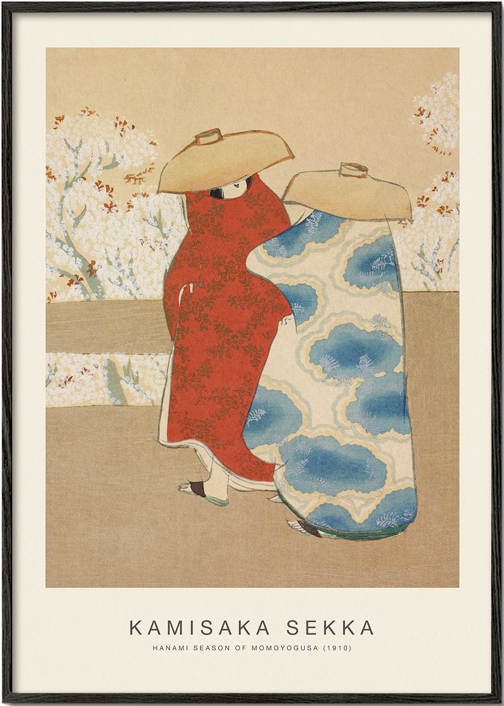 Japansk illustration med kimonoer og kirsebærblomster