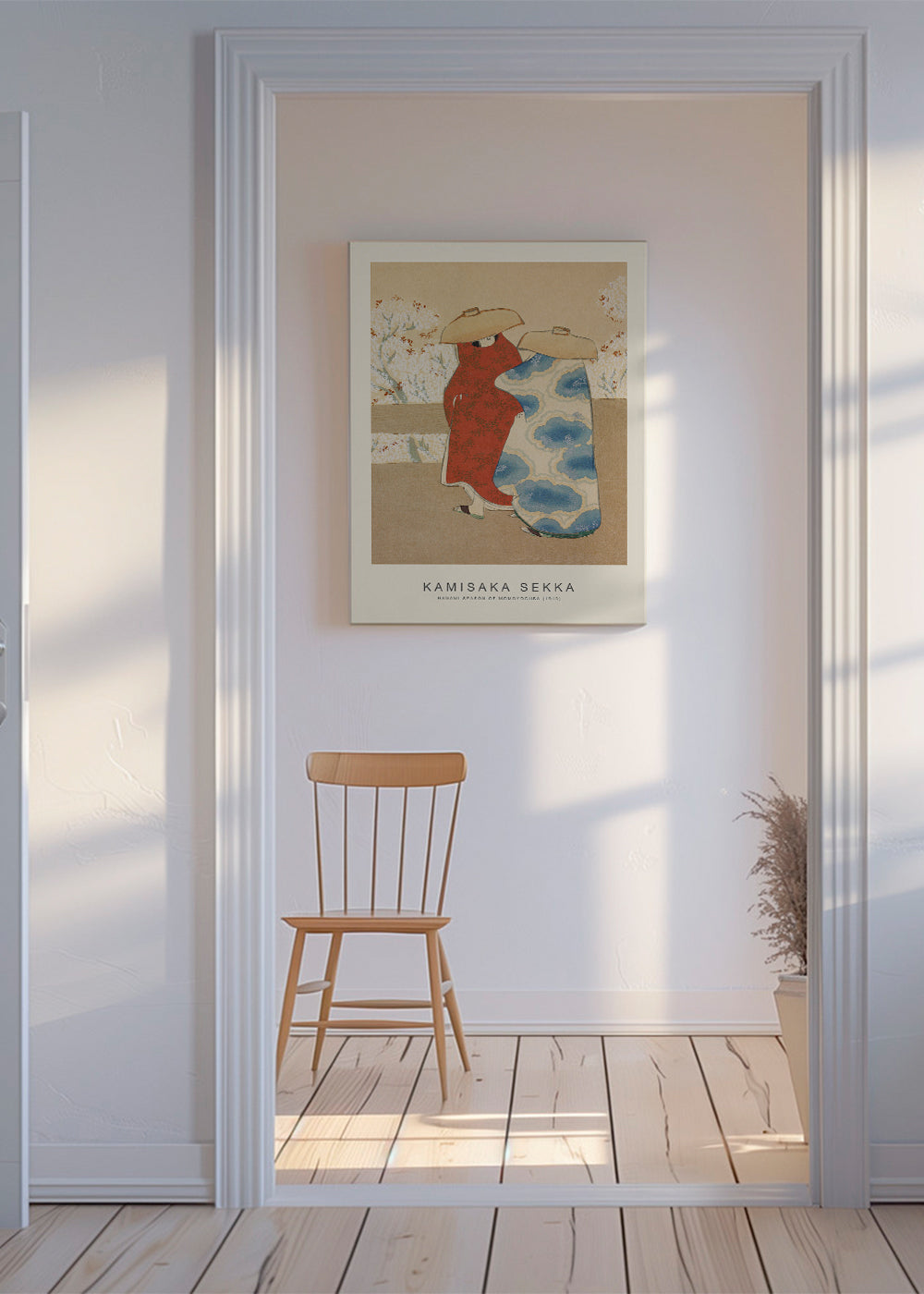 Japansk illustration med kimonoer og kirsebærblomster