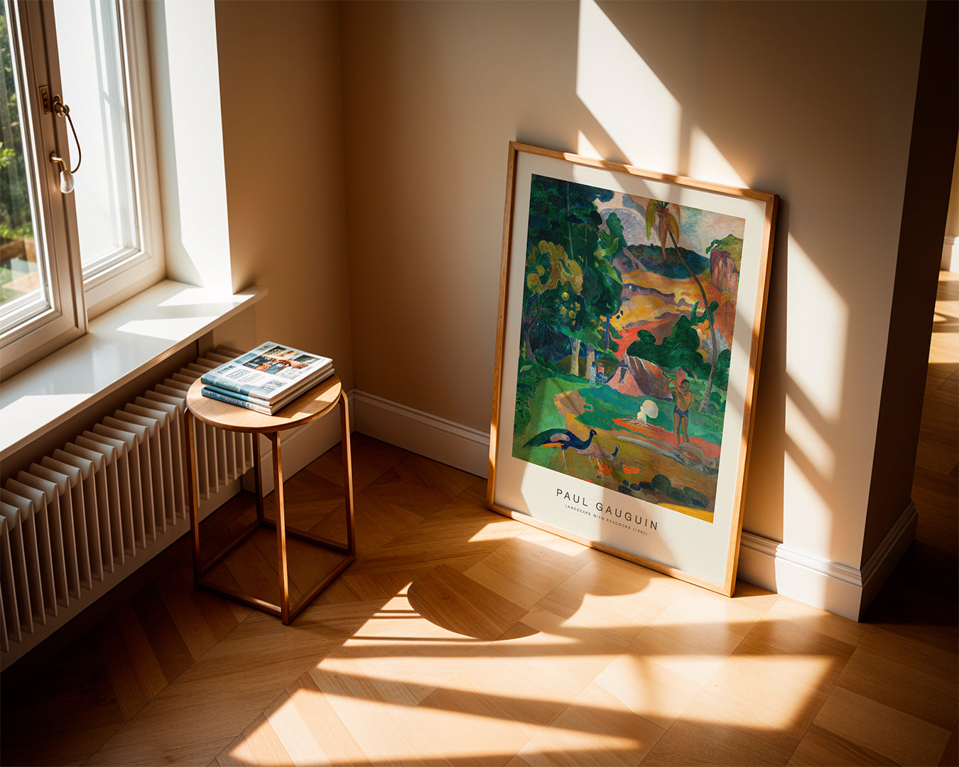 Tropisk landskabsmaleri med påfugle
