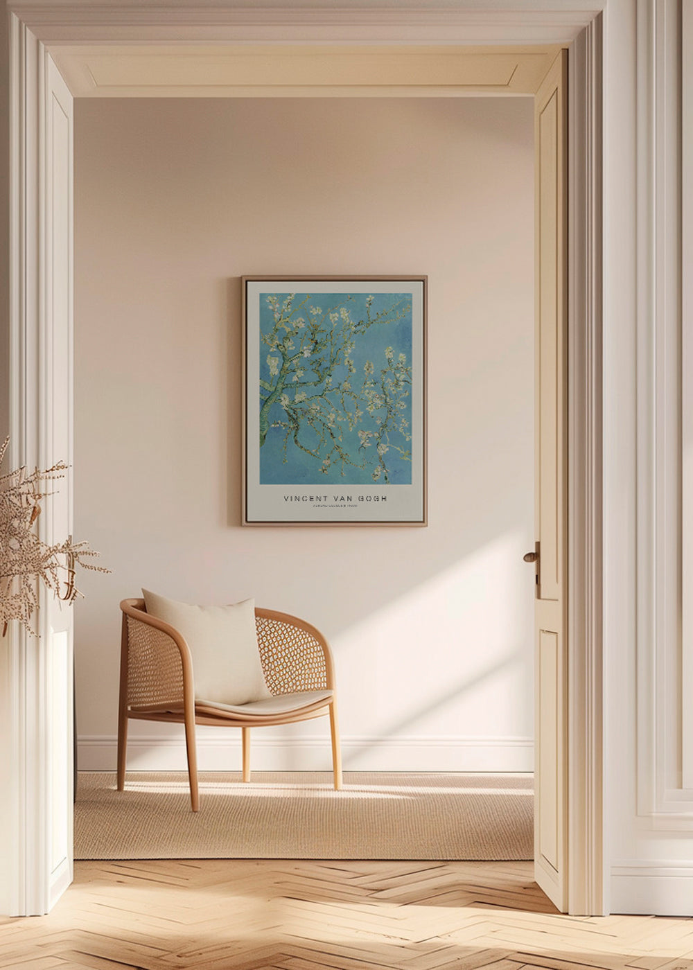 Botanisk plakat Mandelblomster over blå himmel
