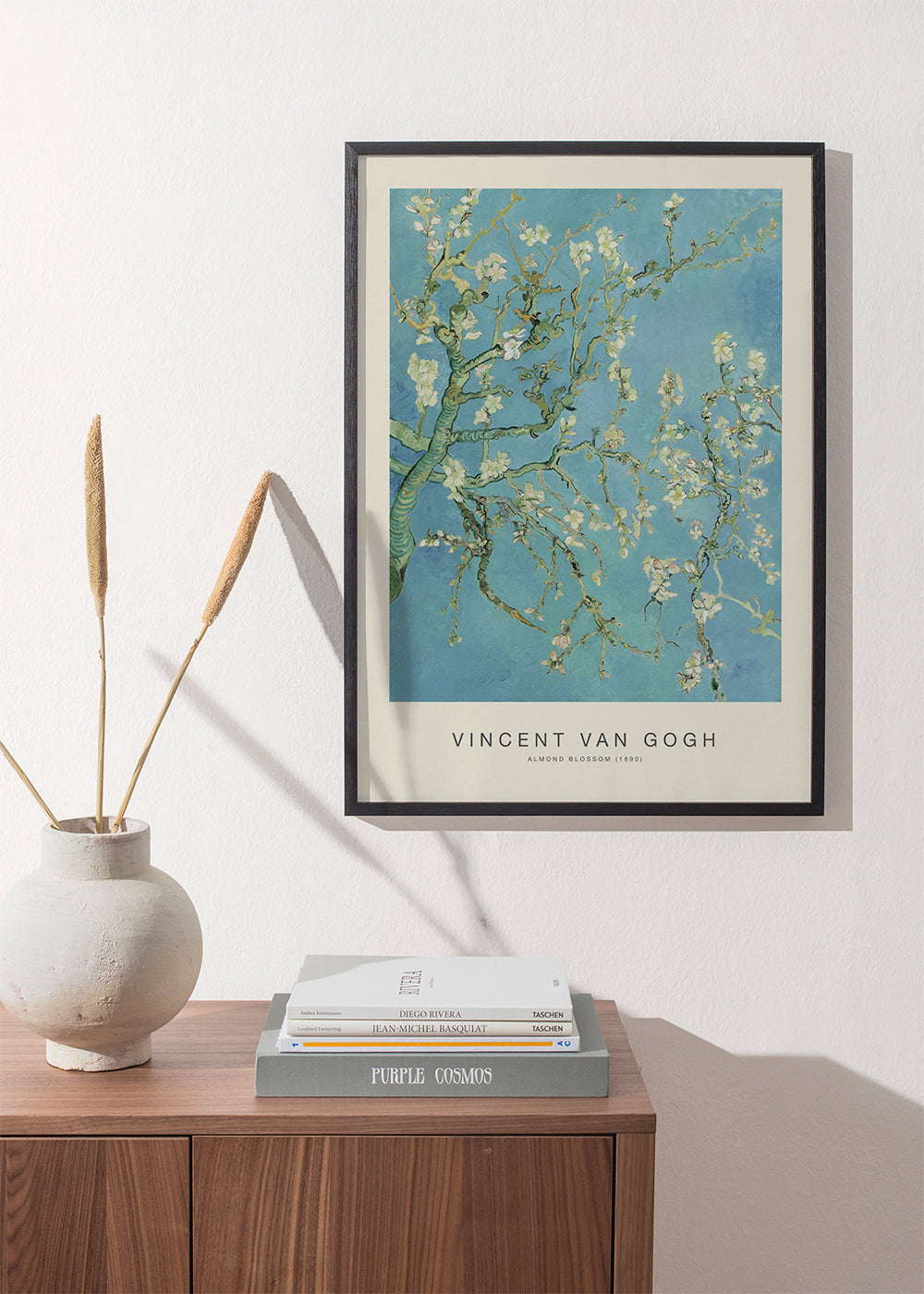 Botanisk plakat Mandelblomster over blå himmel