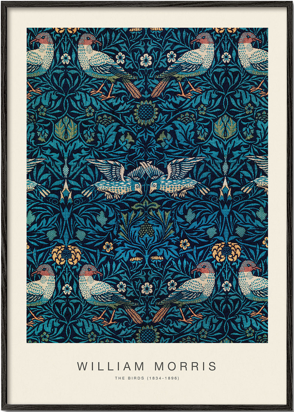 Botanisk plakat William Morris med fugle og blåt løv