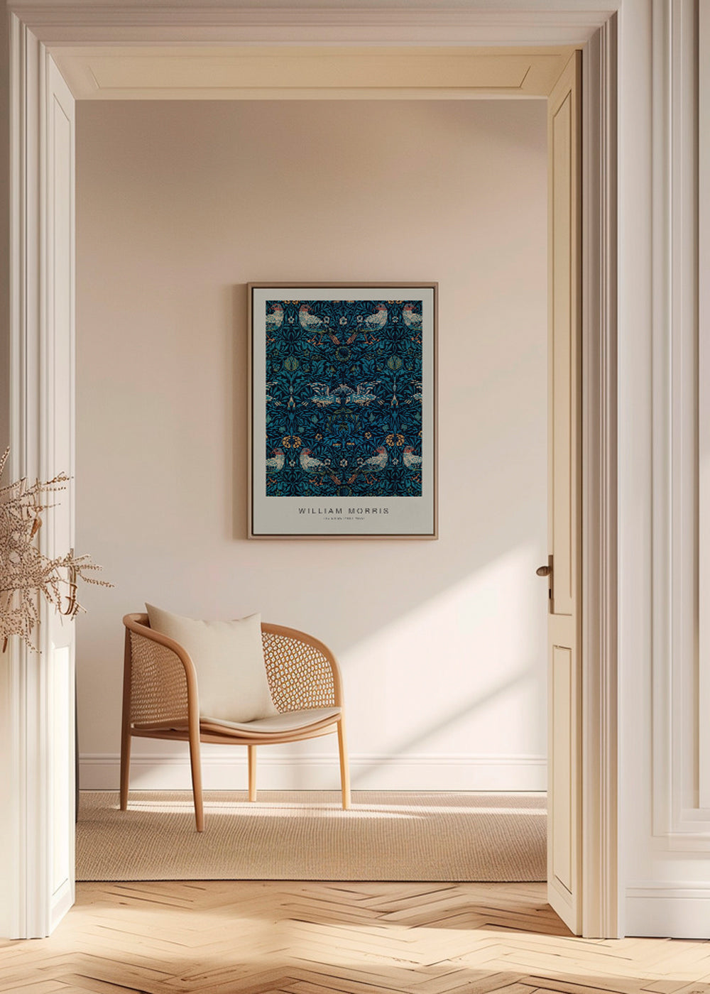 Botanisk plakat William Morris med fugle og blåt løv