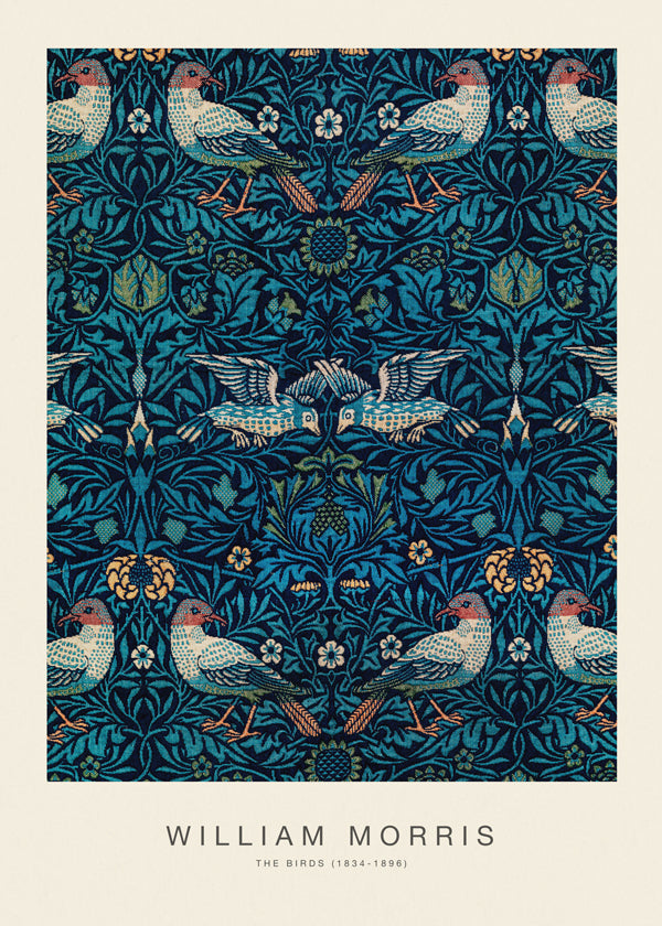 Botanisk plakat William Morris med fugle og blåt løv