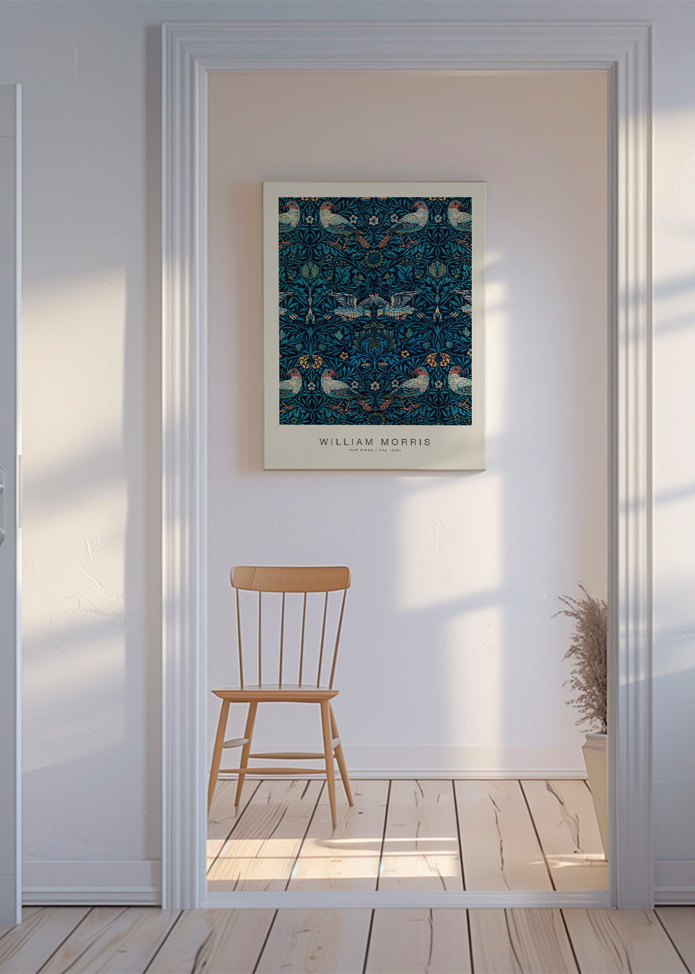 Botanisk plakat William Morris med fugle og blåt løv