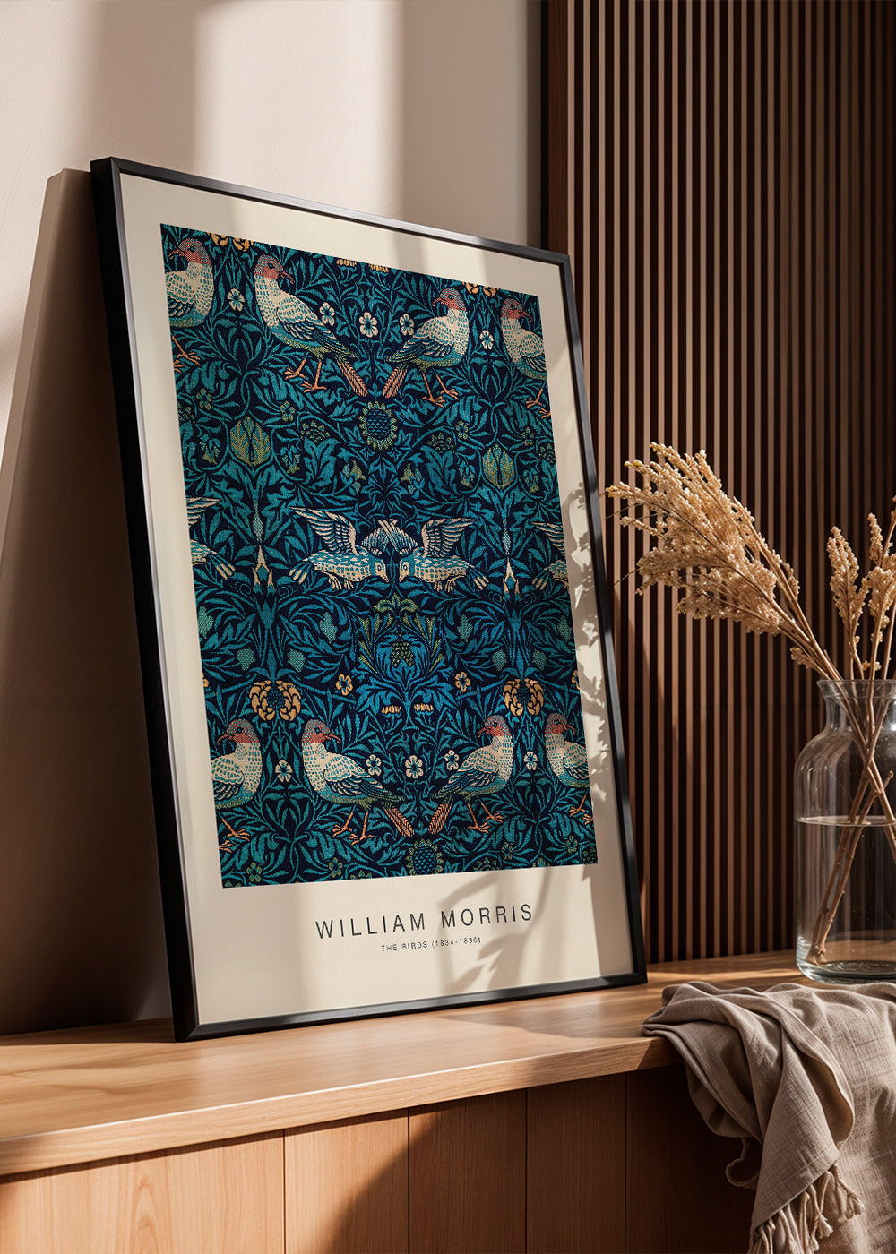 Botanisk plakat William Morris med fugle og blåt løv