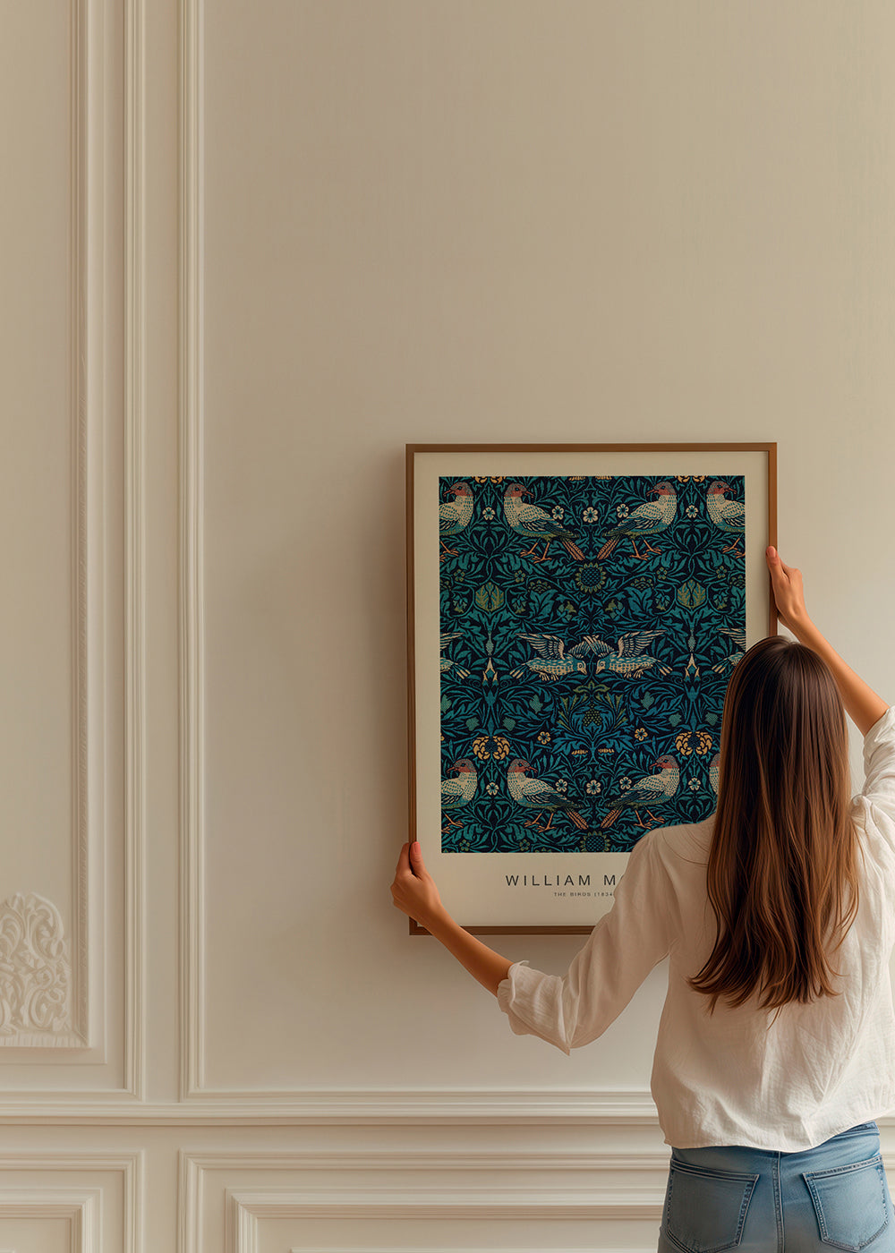 Botanisk plakat William Morris med fugle og blåt løv