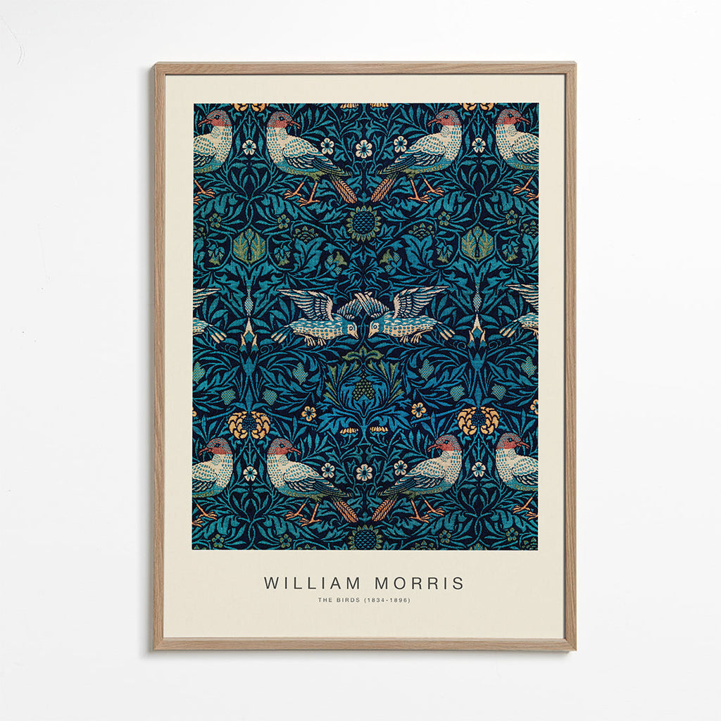 Botanisk plakat William Morris med fugle og blåt løv