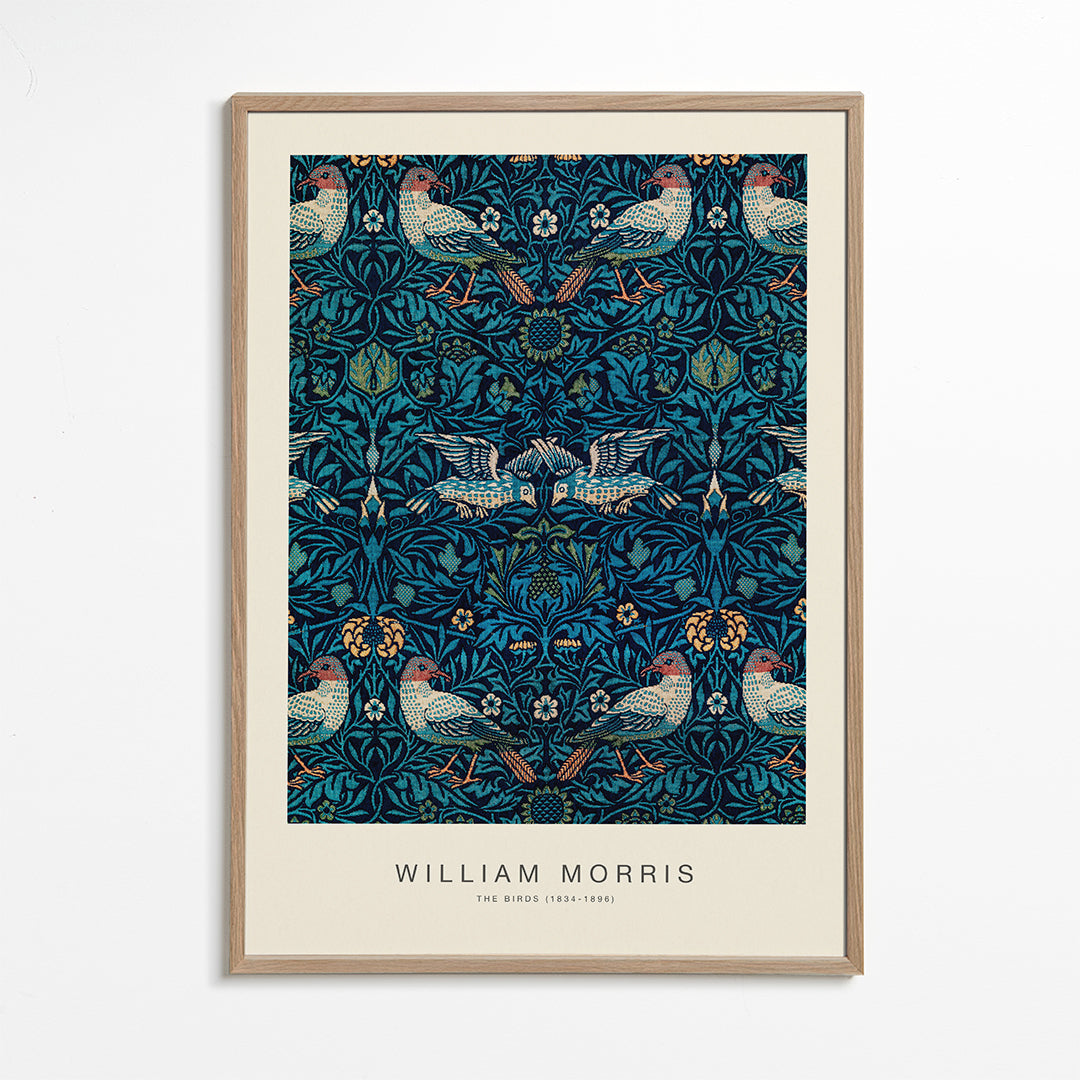 Botanisk plakat William Morris med fugle og blåt løv